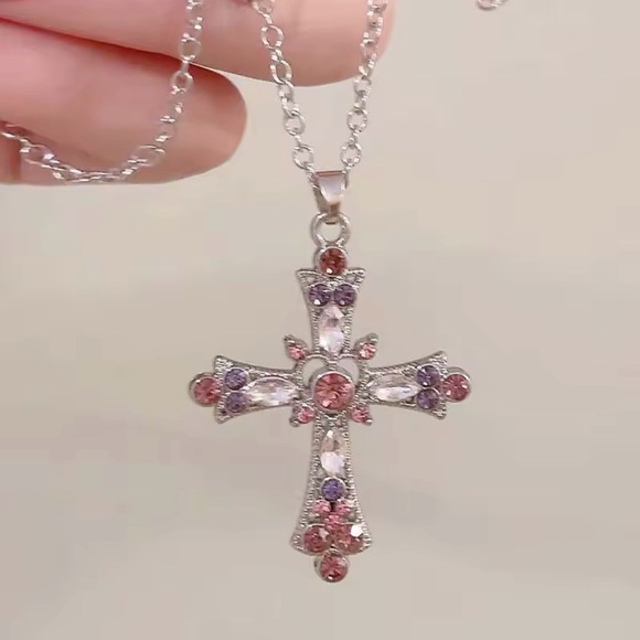 Jewelry - Pink And Purple Silver Crystal Cross Necklace